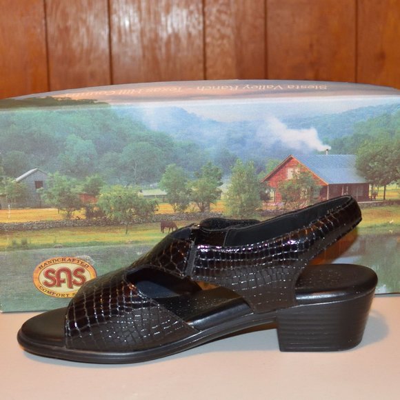 SOLD • SAS Suntimer Black Crocodile Slingback Sandals Embossed Size 6 1/2 W USA - Picture 4 of 11